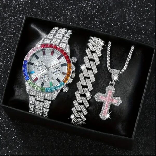 Juego De 3 Piezas De Reloj Cubano Con Pulsera, Cadena Y Dije