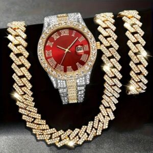 Reloj Cubano Con Diamantes De Imitación Cadena Y Pulsera