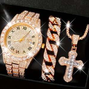 Conjunto Cubano De 3 Piezas De Reloj Con Pulsera Y Cadena Con Dije